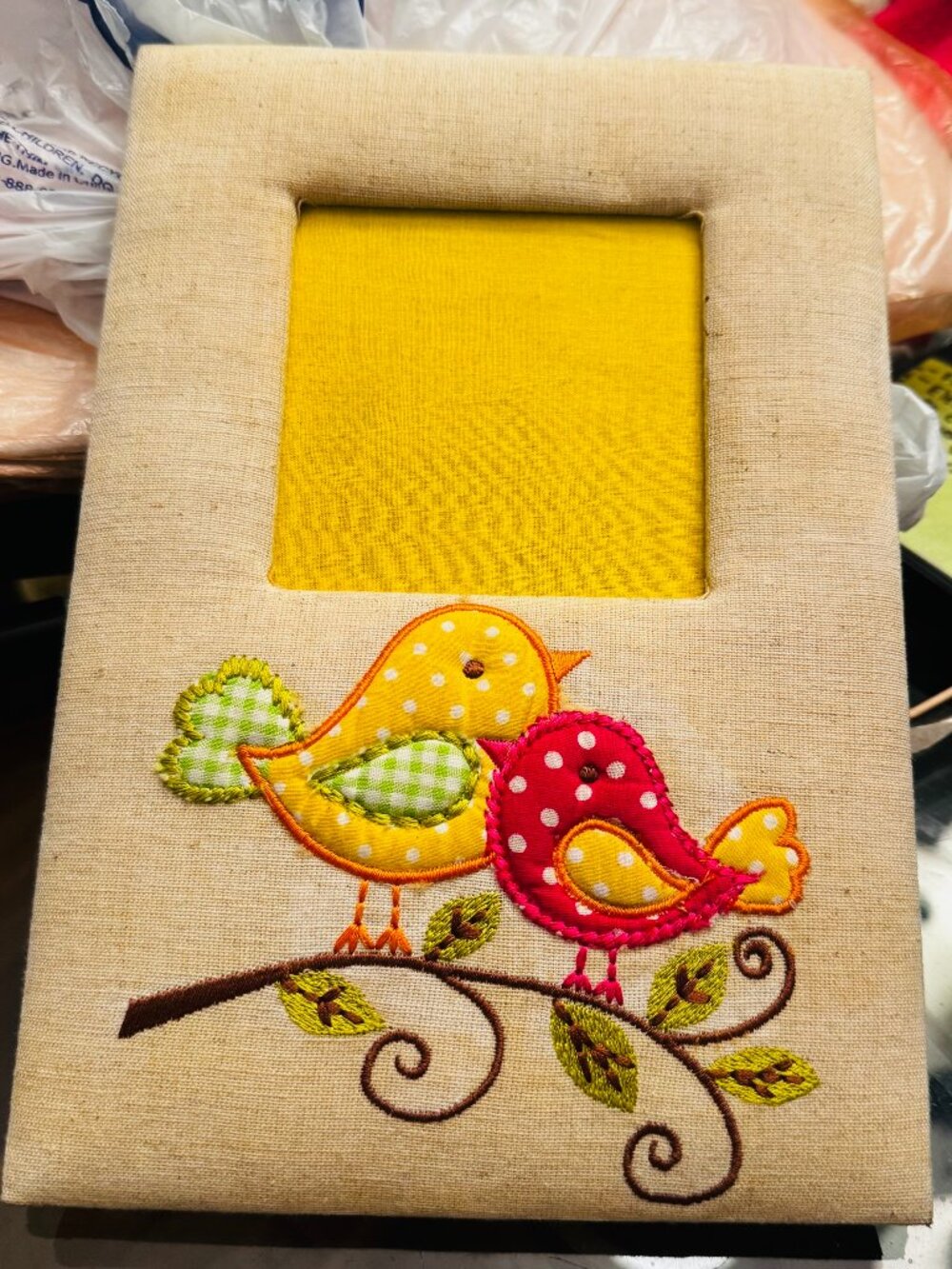 Embroidered Love Birds Fabric Paded Photo Frame 4x3.5" Handcrafted Clothe Appliq